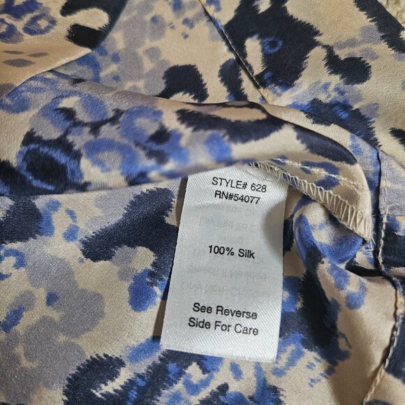 CAbi 100% Silk Top Women's SZ Medium Ruffles Tan/Blue Animal Print Office Party - Picture 5 of 8